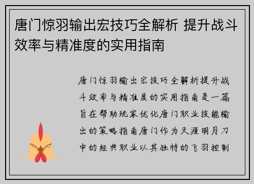 唐门惊羽输出宏技巧全解析 提升战斗效率与精准度的实用指南
