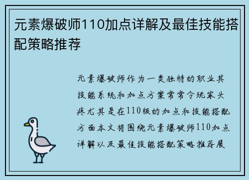 元素爆破师110加点详解及最佳技能搭配策略推荐